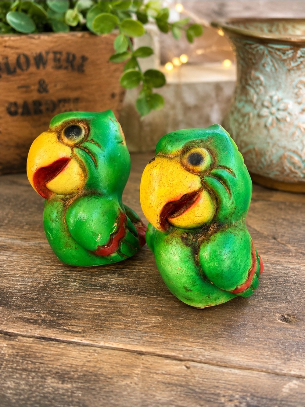 1950s Vintage Japanese Green Parrot Salt & Pepper Shakers
